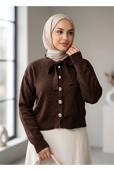 İmajButik Collar-Tied Buttoned Knit Cardigan