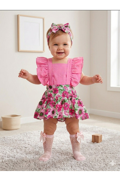 ŞAPKAKİDS Kız Çocuk Pembe Ayçiçek Desen Fırfırlı Slopet Bandana Ve Pembe File...