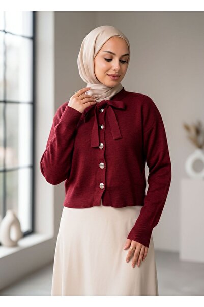 İmajButik Collar-Tied Buttoned Knit Cardigan