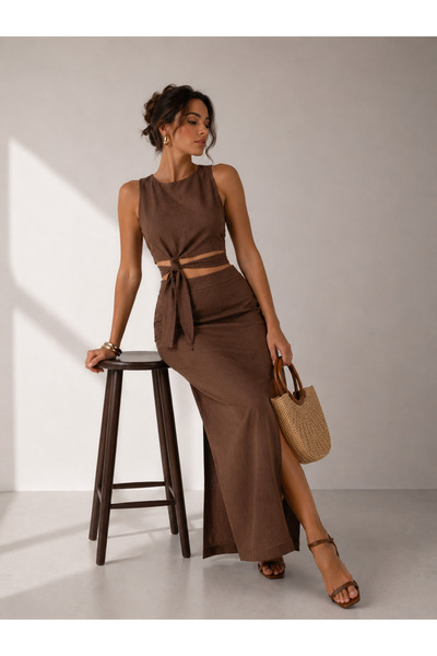 MG GİYİM STORE Kadın Bağlama Detaylı Keten Kumaş Crop Etek Takım