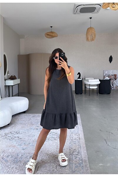 MODA Antrasit Altı Volanlı Bürümcük Elbise