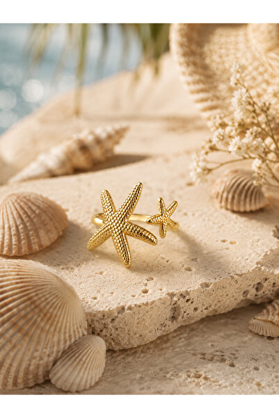 Sylvera Shop Coralia İkili Deniz Yıldızı Çelik Yüzük - Ayarlanabilir (Gold Renk)