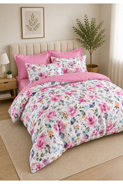 ELEGANZA Finet Duvet Cover Set with Stretchy 6 pieces – rose pattern, pink sheet