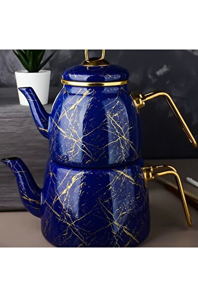 konak alışveriş Elite Class Dark Blue Broken Marble Enamel 2-Piece Teapot Set