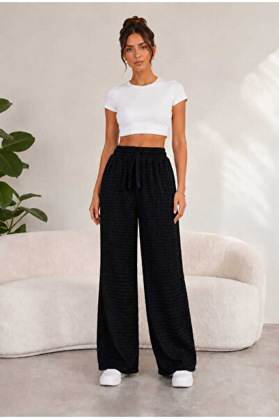 Tenra Women's Palazzo Trousers with Wrinkled Texture, Comfortable Fit, High W...