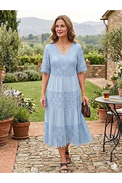 AYASOFYA OTANTIK Women's Italian Baby Blue Sequined V-Neck Lace Midi Silk Dress