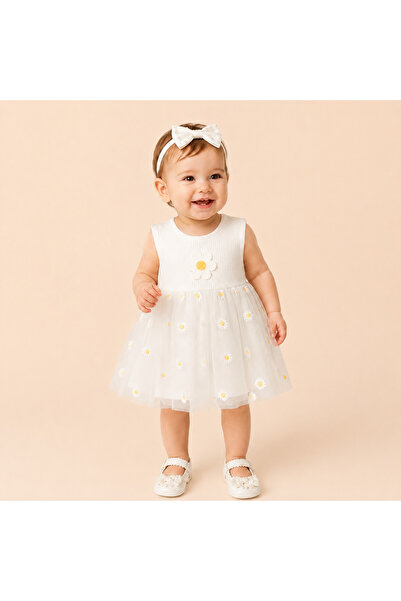 BEBEXO KIDS Kız Bebek Papatya Nakışlı Yazlık Tüllü Çıtçıtlı Zıbın Elbise