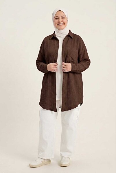PORİENTO Dark Brown Plus Size Wide Fit 100% Cotton Muslin Fabric Women's Shir...
