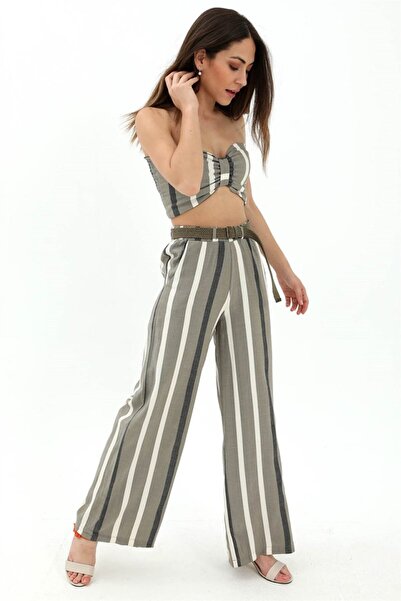 VELİZADE Women's Green Striped Straw Belted Summer Linen Trousers High Waist ...