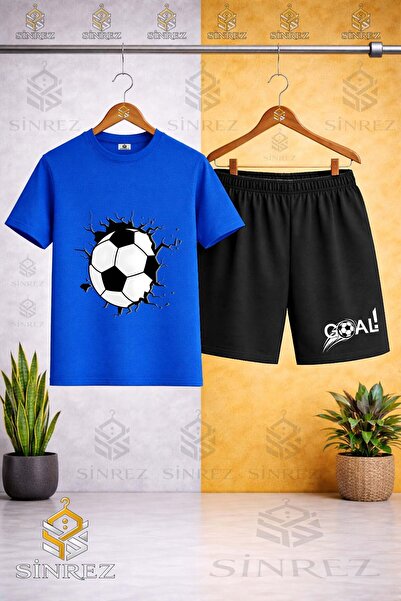 SİNREZ Crew Neck Kids' Football Ball Graft Printed T-Shirt - Shorts Set
