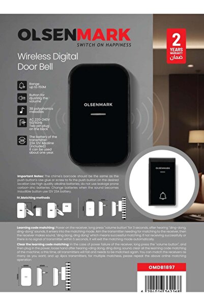 Olsenmark Wireless Digital Door Bell-OMDB1897, 150m Range, 38 Polyphonic Melo...