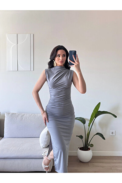 Zoom Butik Yan Yırtmaç Drapeli Elbise - GRİ
