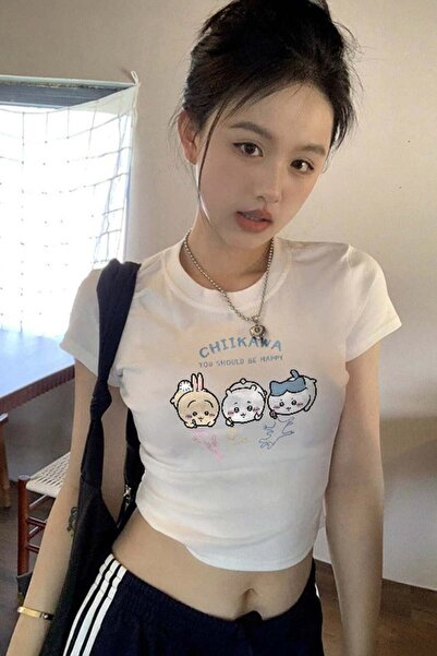 ARS Butik You Should Be Happy Printed Y2K Short Sleeve Crop Body