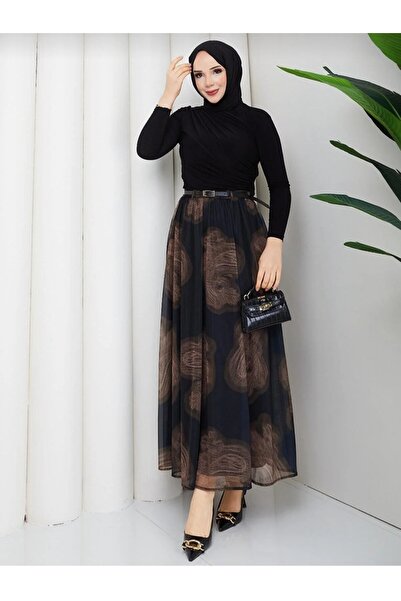MODA VEDAT Women's Tulle Digital Print Detailed Belted Skirt -0350
