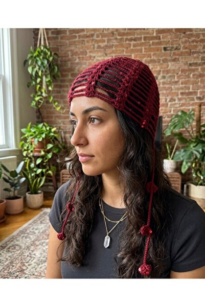 Sfenks. El Örgüsü Bohem Tığ İşi Detaylı Bordo Saç Aksesuarı & Bandana