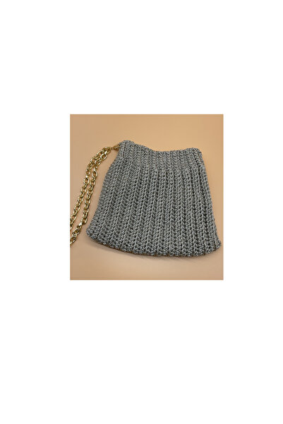 CHIC Beige Silvery Macrome Lined Knitted Gold Chain Hand Wrist Bag
