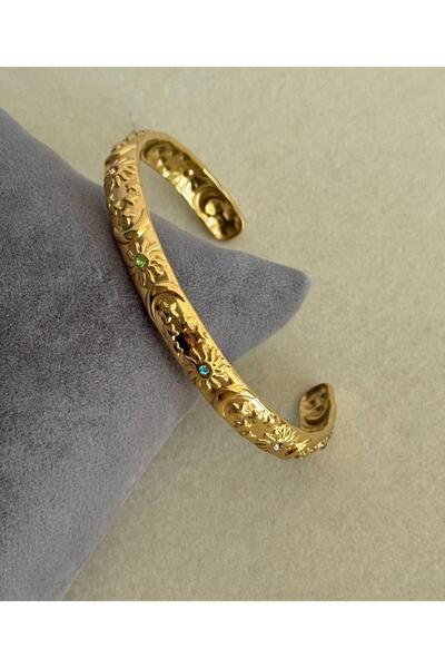ZEHRİNG Çelik Gece Renkli Taşlı Gold Vintage Kelepçe