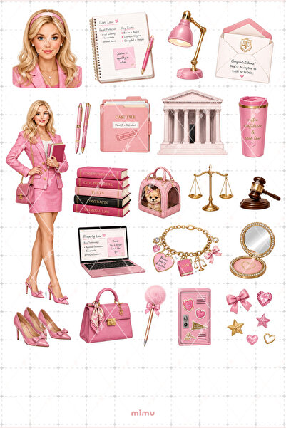 Mimu Art Studio Elle Woods Sticker Seti Hukuk Okulu Pembe Stil Temalı Dekorat...
