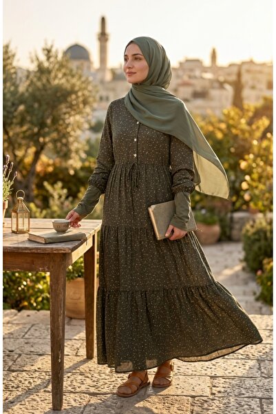 sefamerve Floral Patterned Belted Hijab Dress 0293-04 Khaki