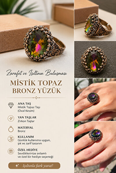 BULU'US ACCESSORIES Mistik Topaz Taşlı Vintage Bronz Yüzük – Zirkon Taş İşlem...
