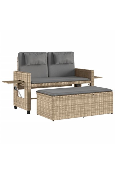 vidaxl Folding garden bench with cushions, beige, polyrattan