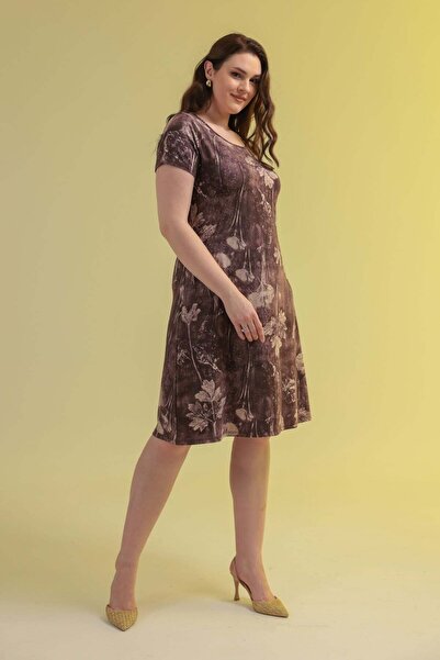 Madwilo Women's Coffee Beige Floral Pattern Large Size Stretchy Midi Dress