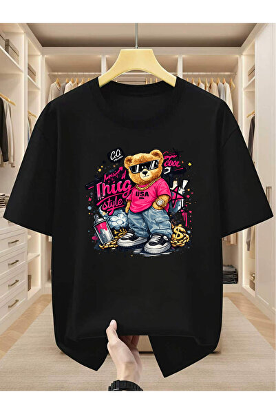 Chic Bloom تي شيرت رجالي بتصميم عصري على طراز الهيب هوب، يتميز بطبعة دب يرتدي...