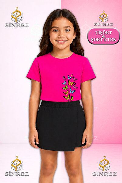 SİNREZ Girl's Set Multi Butterfly Soleni Printed Short Sleeve T-Shirt Shorts ...