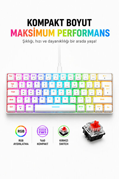 SAYMOND Trol Red Switch Mini Rgb Oyun Klavyesi Gaming Mekanik 62 Tuşlu 18 Led...