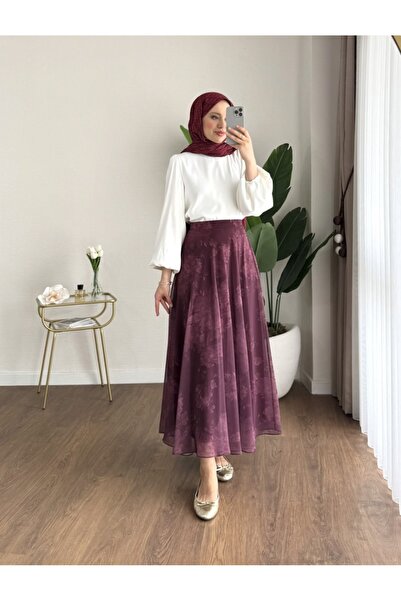 MODA MT تنورة نسائية من الشيفون بنقشة الورد (مبطنة) 100 سم