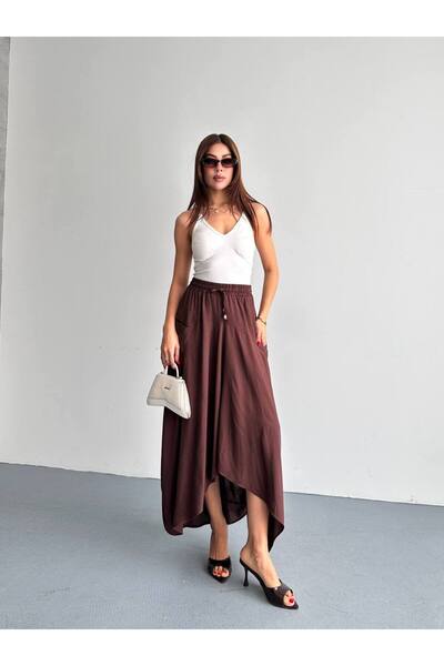 Mistix Oval Cut Pocket Detail Adjustable Waist Skirt - Bitter Brown Bitter Brown