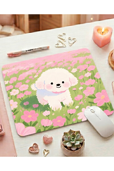 matizya Kare Mousepad Pembe Çiçekler İçinde Sevimli Köpek Desenli Kaymaz Taba...