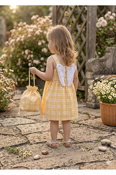Mini Kids Baby Kız Çocuk Ekose Pötikareli Melek Kanatlı Çantalı Gofre Elbise