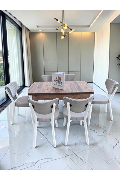 MSY HOME Alva 6 Kişilik Yemek Masası Takımı Baby Face Kumaş Çam 80x130 cm MDF...