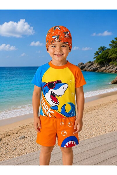 My Kids Wear Boys' Dinosaur Patterned Swim Shorts Set – 3 Piece Swimsuit Set ...