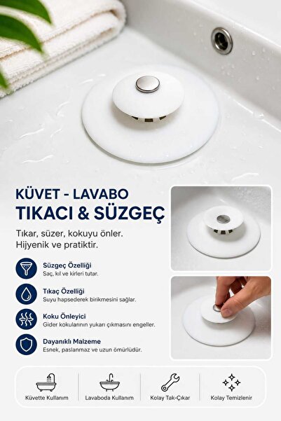 Kinlee Lavabo Küvet Tıkacı ve Süzgeci Silikon Gider Koku Önleyici Saç Tutucu ...