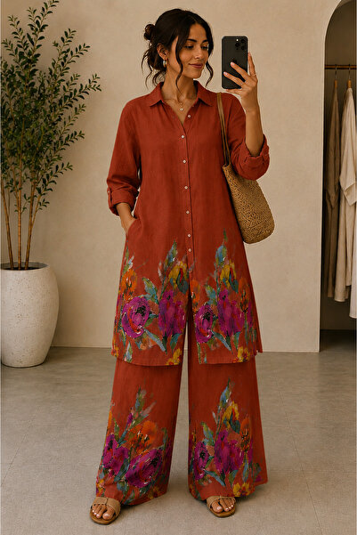 Marjinal Women's Floral Patterned 100% Linen Double Set