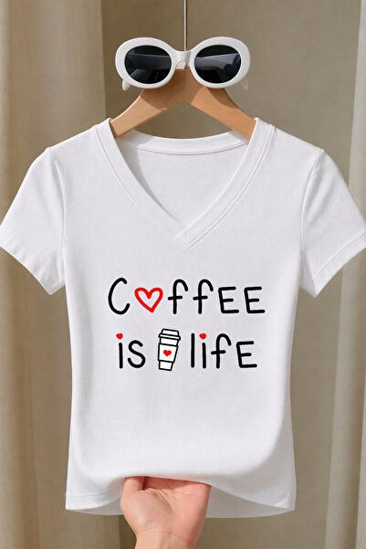 Velostra تي شيرت نسائي من القماش الليكرا بطبعة Coffee is Life ذو رقبة على شكل...