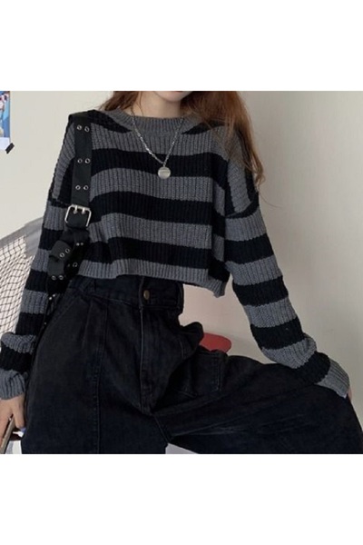 Choice5 L black New Korean Style Striped Cropped Sweater Women Vintage Oversi...