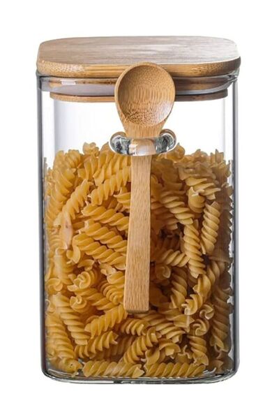 Blackstone 1500ML Square Glass Storage Jar with Bamboo Lid & Spoon, Airtight ...