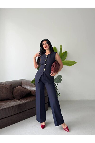 Bella Breeze Set de pantaloni și vestă cu nasturi pentru femei, set elegant d...
