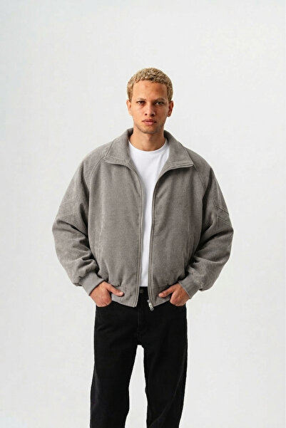 jaceyjace Fitilli Kadife Oversize Bomber Ceket - Gri