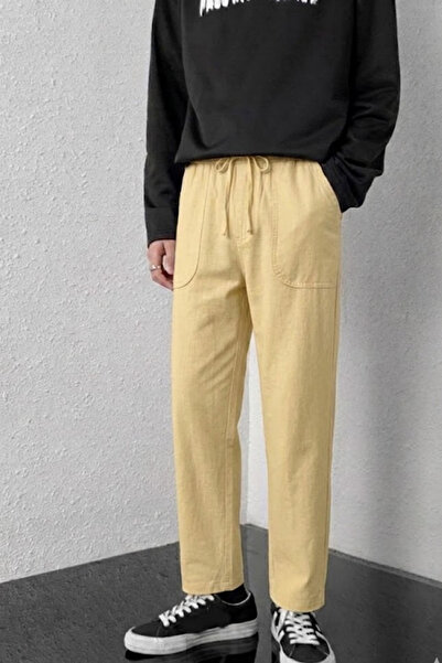 MATERIAL Men's Elastic Waist Loose-Leg Cream Linen Trousers