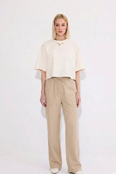MATERIAL Women's Elastic Waist Wide Leg Beige Trousers