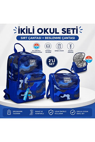 Coral High Navy Blue Saks Backpack 23689+Thermo Lunch Box 22789