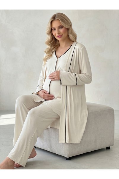 HAFSARA Viscose Soft Textured Front Buttoned Maternity Pajama Set with Robe