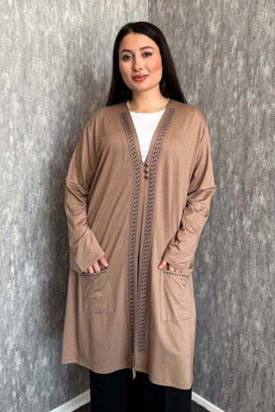 ModaPlaza Women's Plus Size Long Cardigan with Stone Collar and Pockets, 3 Bu...