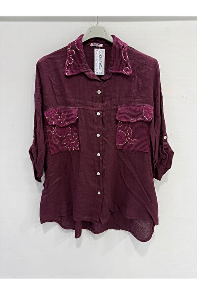 della moor Women's Burgundy Italian Collar and Pocket Sequin Embroidered Fold...