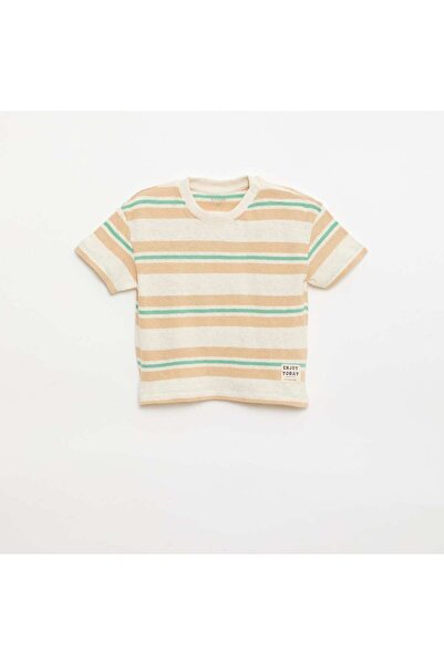 KIABI Striped cotton and linen jersey T-shirt BEIGE