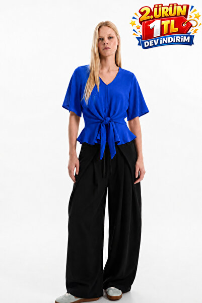 DAMGA JEANS بلوزة نسائية أنيقة مريحة وفاخرة باللون الأزرق S.